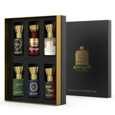Luxury attar perfume gift set, 6 unique 5.5ml bottles, elegant presentation.