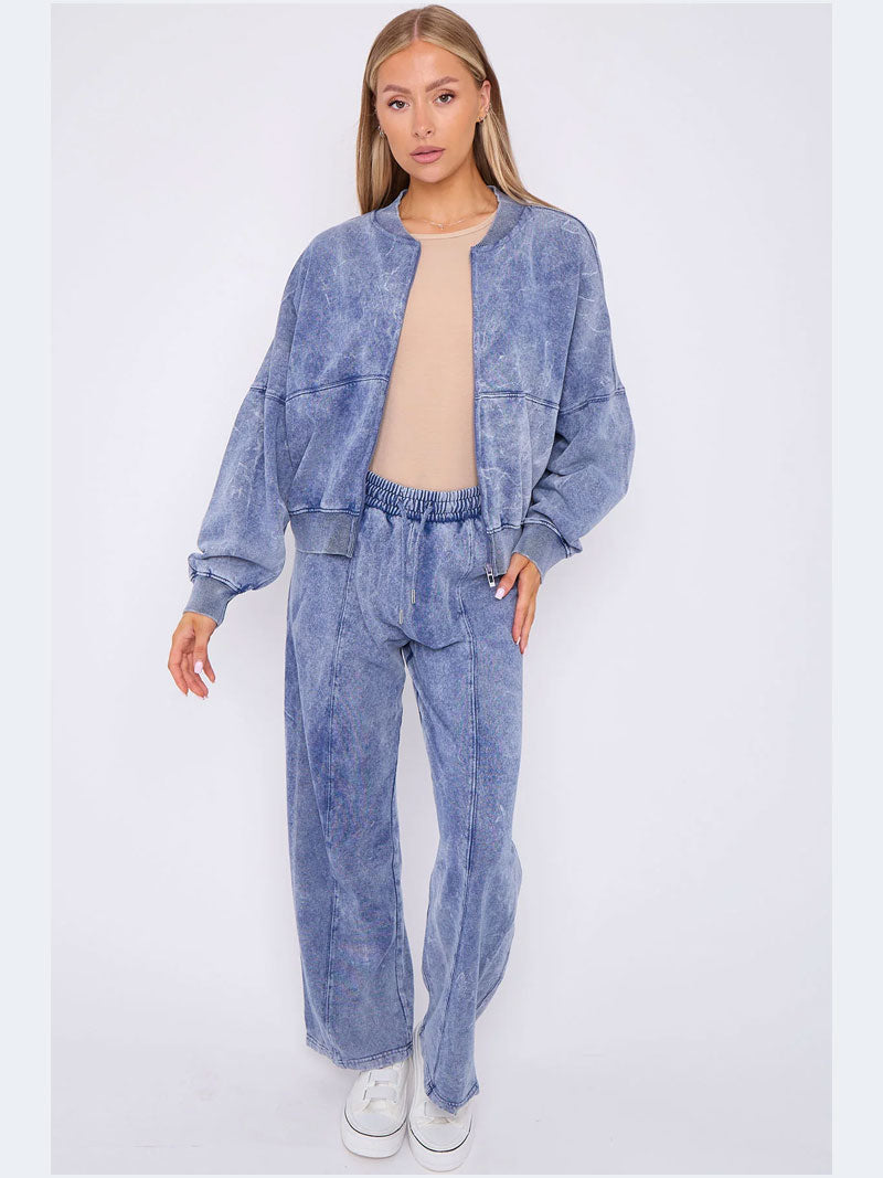 Acid Wash Oversized Bomber Style Fleece Zipper Co-ord - Grunge Wear