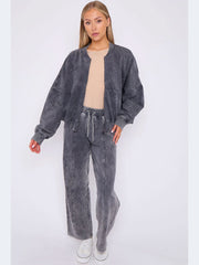Acid Wash Oversized Bomber Style Fleece Zipper Co-ord - Grunge Wear