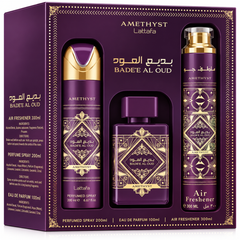 Badee Al Oud Amethyst Lattafa perfume gift set, 3 pcs, luxury fragrance collection.