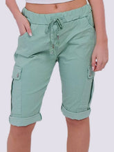 Womens Italian Magic Cargo Shorts Ladies Summer Casual Drawstring Waist Knee-Length Roll-Up Combat Short Pants