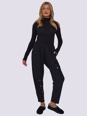 Women Italian Side-Button Cotton Trousers, Ladies Soft Stretch Comfy Bottoms Pants with Pockets