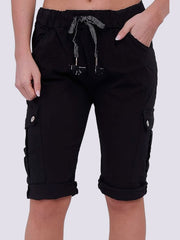 Womens Italian Magic Cargo Shorts Ladies Summer Casual Drawstring Waist Knee-Length Roll-Up Combat Short Pants