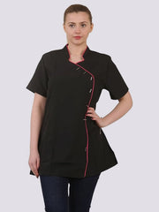 Womens Beautician Button Salon Tunic Top, Ladies Hairdressing Short Sleeve Spa Beauty Therapist Shirt with Contrast Trim Blouse Shirt