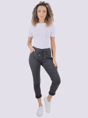 Womens Stretch Plain Italian Side Diamante Magic Trousers, Ladies Comfy Crushed Lagenlook Joggers Jeggings Bottom Pants