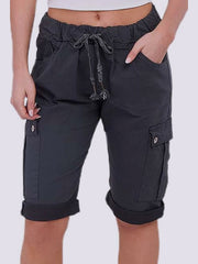 Womens Italian Magic Cargo Shorts Ladies Summer Casual Drawstring Waist Knee-Length Roll-Up Combat Short Pants