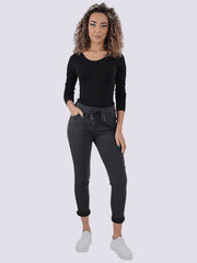 Womens Plain Side Glitter Ribbon Magic Trousers - Ladies Italian Yoga Pants Lagenlook Jogger Active Casual Stretchy Joggers Bottom Pants