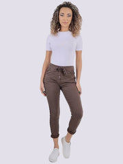 Womens Stretch Plain Italian Side Diamante Magic Trousers, Ladies Comfy Crushed Lagenlook Joggers Jeggings Bottom Pants