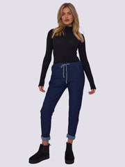 Ladies Italian Jeans Denim Style Stretch Magic Trousers, Women Elasticated Waist Smart Crushed Casual Look Joggers Pants