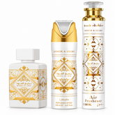 Lattafa Badee Al Oud Honor Glory perfume 3-piece gift set, front view.