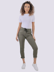 Womens Stretch Plain Italian Side Diamante Magic Trousers, Ladies Comfy Crushed Lagenlook Joggers Jeggings Bottom Pants