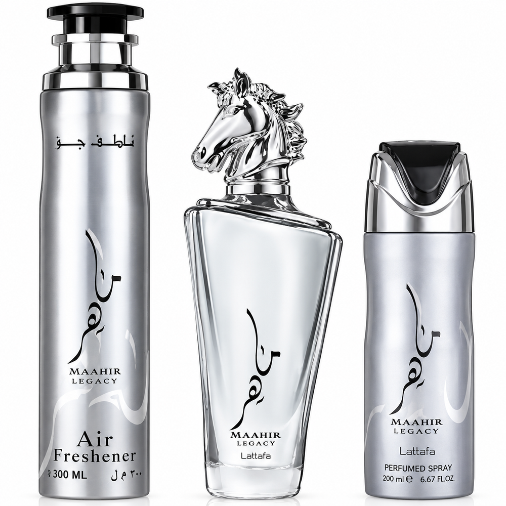 Lattafa Maahir Legacy perfume gift set, 3 pcs, bottle and deodorant spray, elegant fragrance. Image 1 of 2.