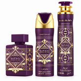 Badee Al Oud Amethyst Lattafa perfume gift set 3 pieces, front view. Luxurious fragrance.