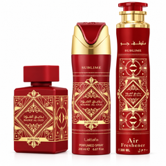 Lattafa Badee Al Oud Sublime perfume gift set, 3 pieces, front view.