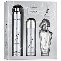 Lattafa Maahir Legacy perfume gift set, three pieces, close-up of bottles and packaging.
