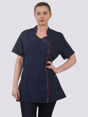 Womens Beautician Button Salon Tunic Top, Ladies Hairdressing Short Sleeve Spa Beauty Therapist Shirt with Contrast Trim Blouse Shirt