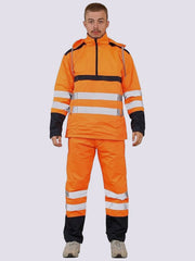 Hi Vis Rain Tracksuit - Mens High Visibility Waterproof Reflective Tape Band Safety Lightweight Rainsuit Hooded Top Trouser