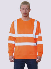 Mens High Visibility Crew Neck Sweatshirt Reflective Safety Workwear, Comfortable Hi-Vis Pullover with Reflective Tape, Ideal for Construction, Roadwork Tops