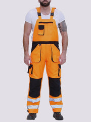 Mens High Visibility Workwear Dungaree Overalls with Elasticated Back Brace and Adjustable Ankle Hem, Adjustable Two-Tone Hi-Vis Bib & Brace with Knee Pad Pockets