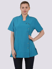Womens Beautician Button Salon Tunic Top, Ladies Hairdressing Short Sleeve Spa Beauty Therapist Shirt with Contrast Trim Blouse Shirt