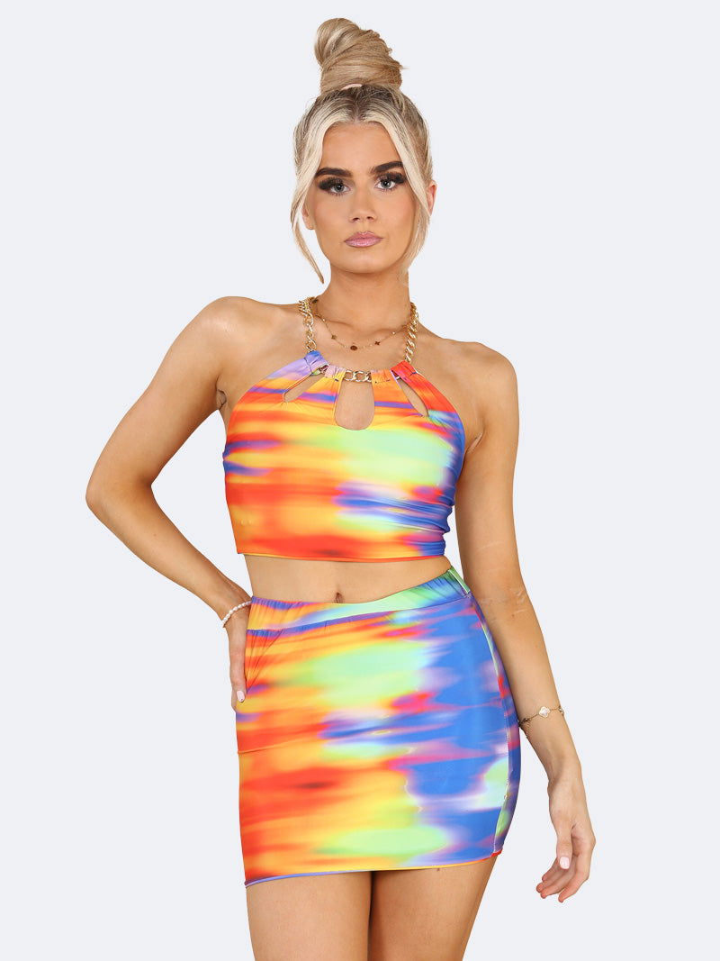 Women Multi Colour Chain Detail Crop top and Skirt Co-Ord Set - Grunge Wear