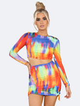 Women Multi Colour Ruched Mini Skirt And Top Co Ord Set - Grunge Wear