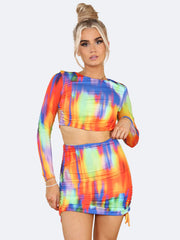 Women Multi Colour Ruched Mini Skirt And Top Co Ord Set - Grunge Wear