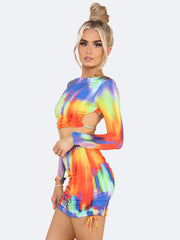 Women Multi Colour Ruched Mini Skirt And Top Co Ord Set - Grunge Wear