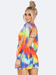 Women Multi Colour Ruched Mini Skirt And Top Co Ord Set - Grunge Wear