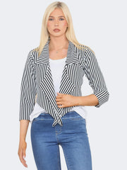 Women Sleeves Vertical Black White Stripes Open Front Crop Blazer - Grunge Wear