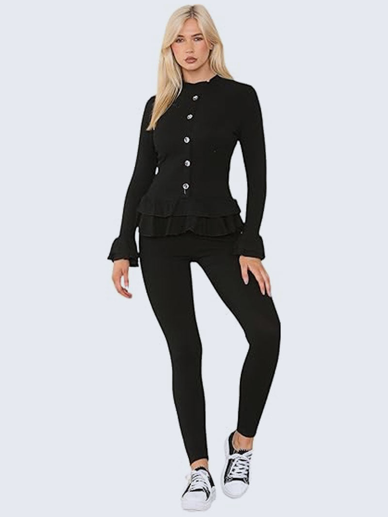 Women’s Ribbed Peplum Frill Gold Button Top and Legging Loungewear Suit, - Grunge Wear