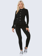 Women’s Ribbed Peplum Frill Gold Button Top and Legging Loungewear Suit, - Grunge Wear