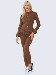 Women’s Ribbed Peplum Frill Gold Button Top and Legging Loungewear Suit, - Grunge Wear