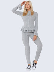 Women’s Ribbed Peplum Frill Gold Button Top and Legging Loungewear Suit, - Grunge Wear