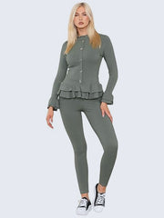 Women’s Ribbed Peplum Frill Gold Button Top and Legging Loungewear Suit, - Grunge Wear