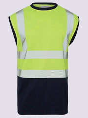 Hi Vis Viz Work Utility Sleeveless Round Neck T-Shirt Warning Vest | High Visibility Safety Security Workwear Double Tape Tank Top