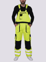 Mens High Visibility Workwear Dungaree Overalls with Elasticated Back Brace and Adjustable Ankle Hem, Adjustable Two-Tone Hi-Vis Bib & Brace with Knee Pad Pockets