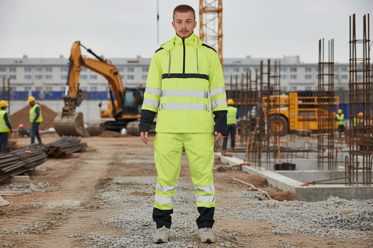 yellow hi vis jacket and trousers set waterproof workwear side view
