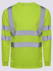 Hi Viz Mens Long Sleeve Crew Neck Two Tune Shirts - High Visibility Reflective Tape Safety Security Workwear Single Tone T-Shirt Tops