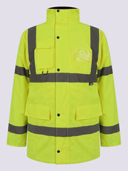Hi Vis Viz Traffic Jacket High Visibility Heavy Duty Workwear Safety Security Concealed Hooded Padded Waterproof Fully Taped Seams Work Wear Parka Coat