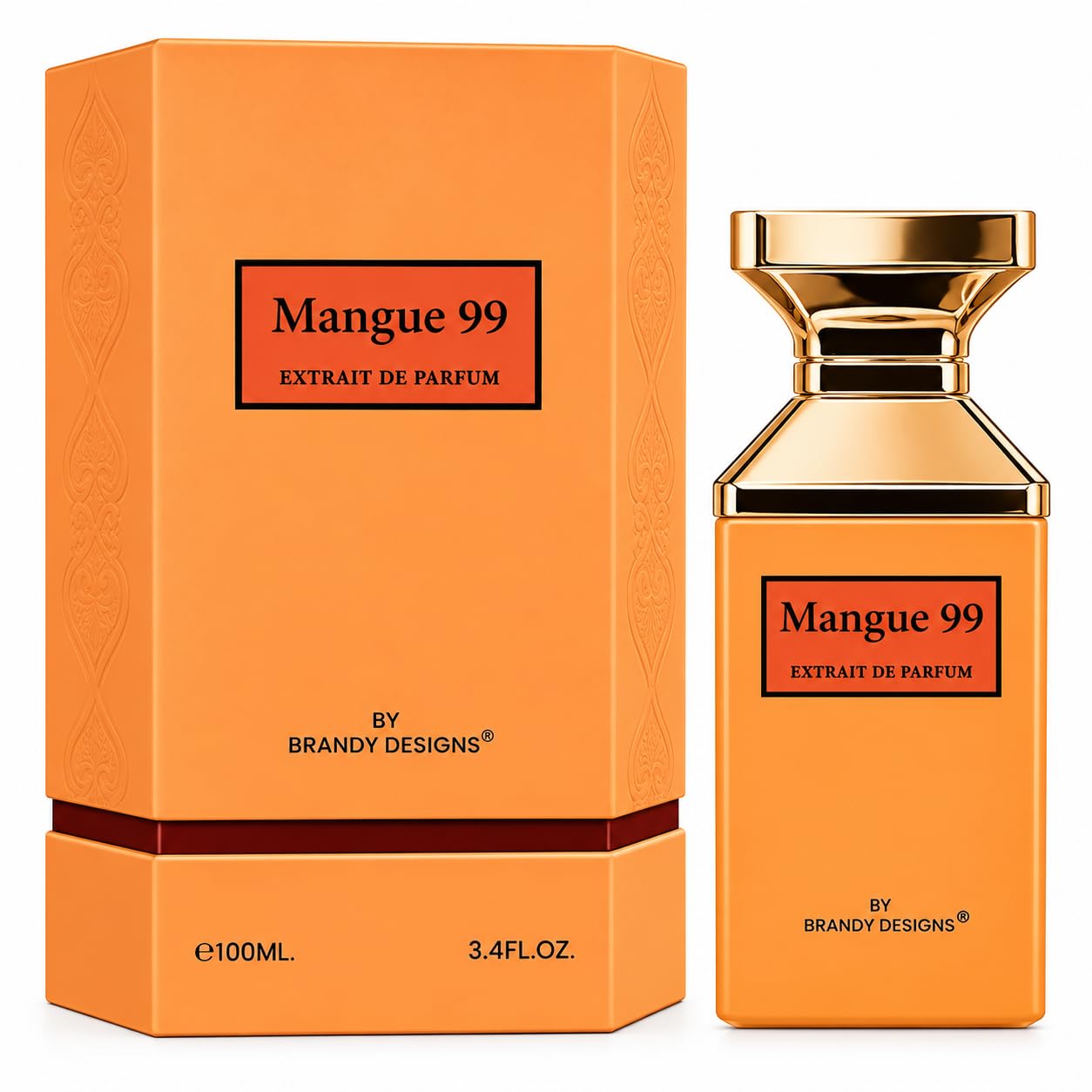 Mangue 99 Extrait de Parfum 100ml. Luxury mango perfume bottle, front view.