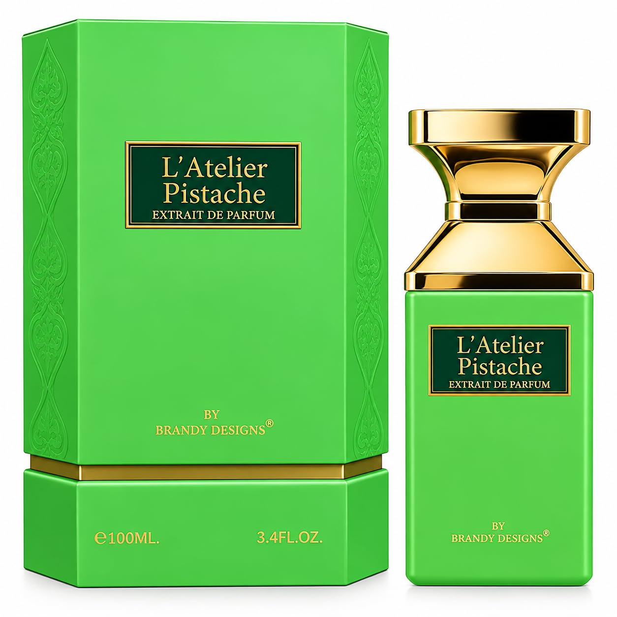 L'ATELIER Pistache Extrait de Parfum 100ml. Luxurious pistachio fragrance bottle, image 1 of 2.