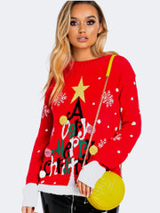 Women's Knitted Xmas A Very Merry Christmas Tree Christmas Jumper