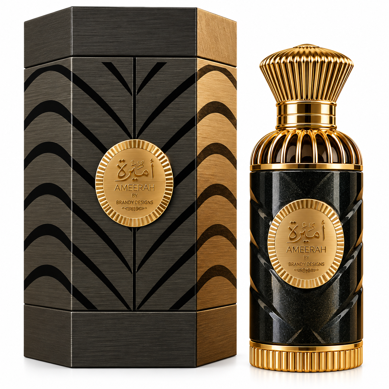 Ameerah Extrait De Parfum 100ml. Luxury designer perfume bottle, elegant and sophisticated.