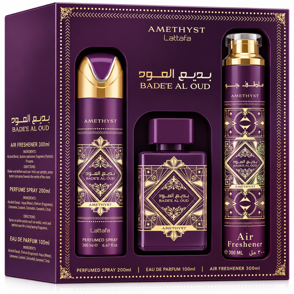 Badee Al Oud Amethyst Lattafa perfume gift set, 3 pcs, luxury fragrance collection.