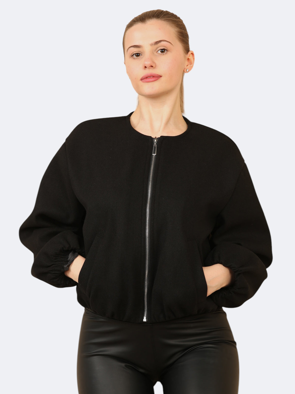 Women’s Balloon Sleeve Zipper Bomber Jacket