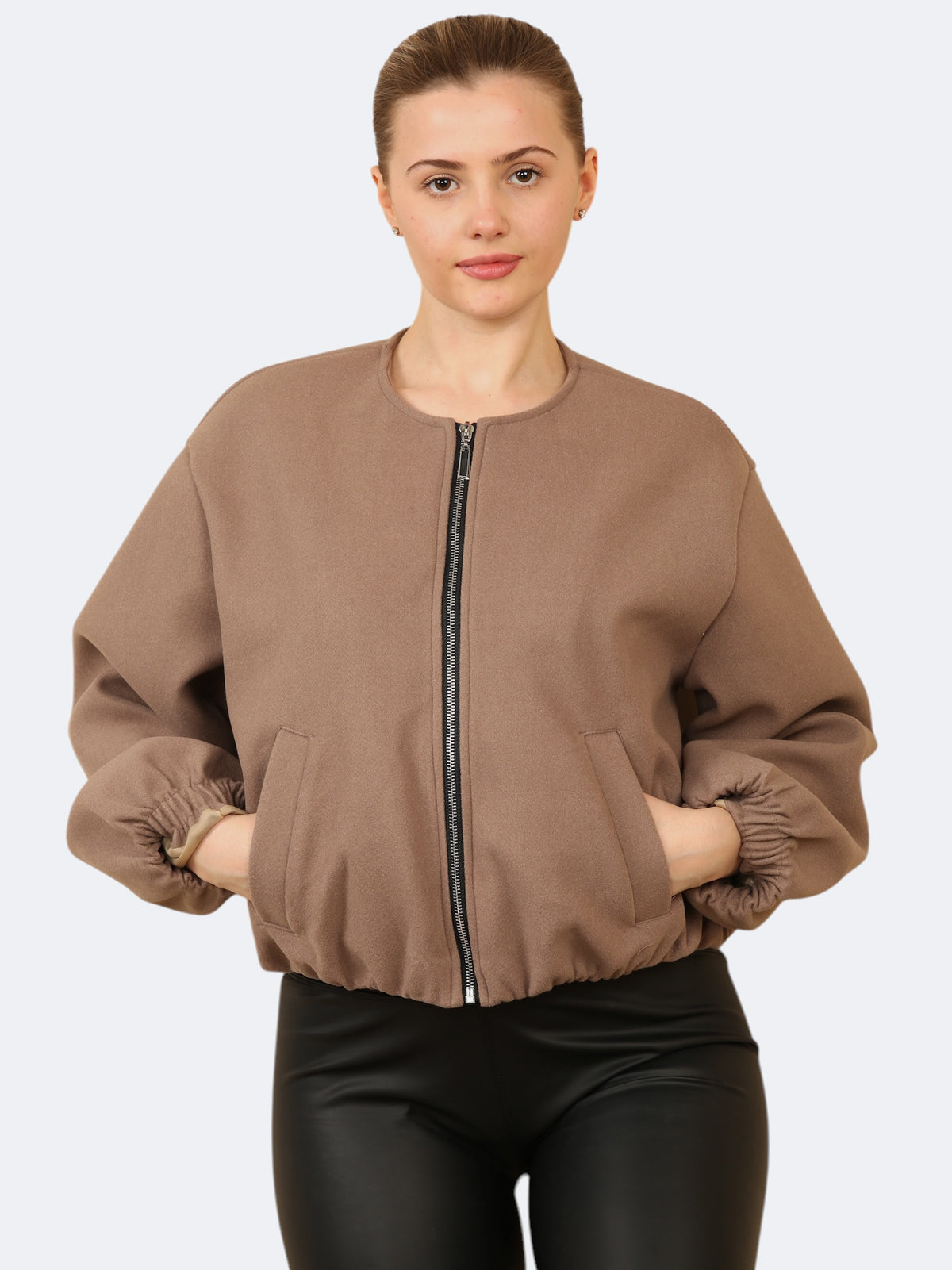 Women’s Balloon Sleeve Zipper Bomber Jacket