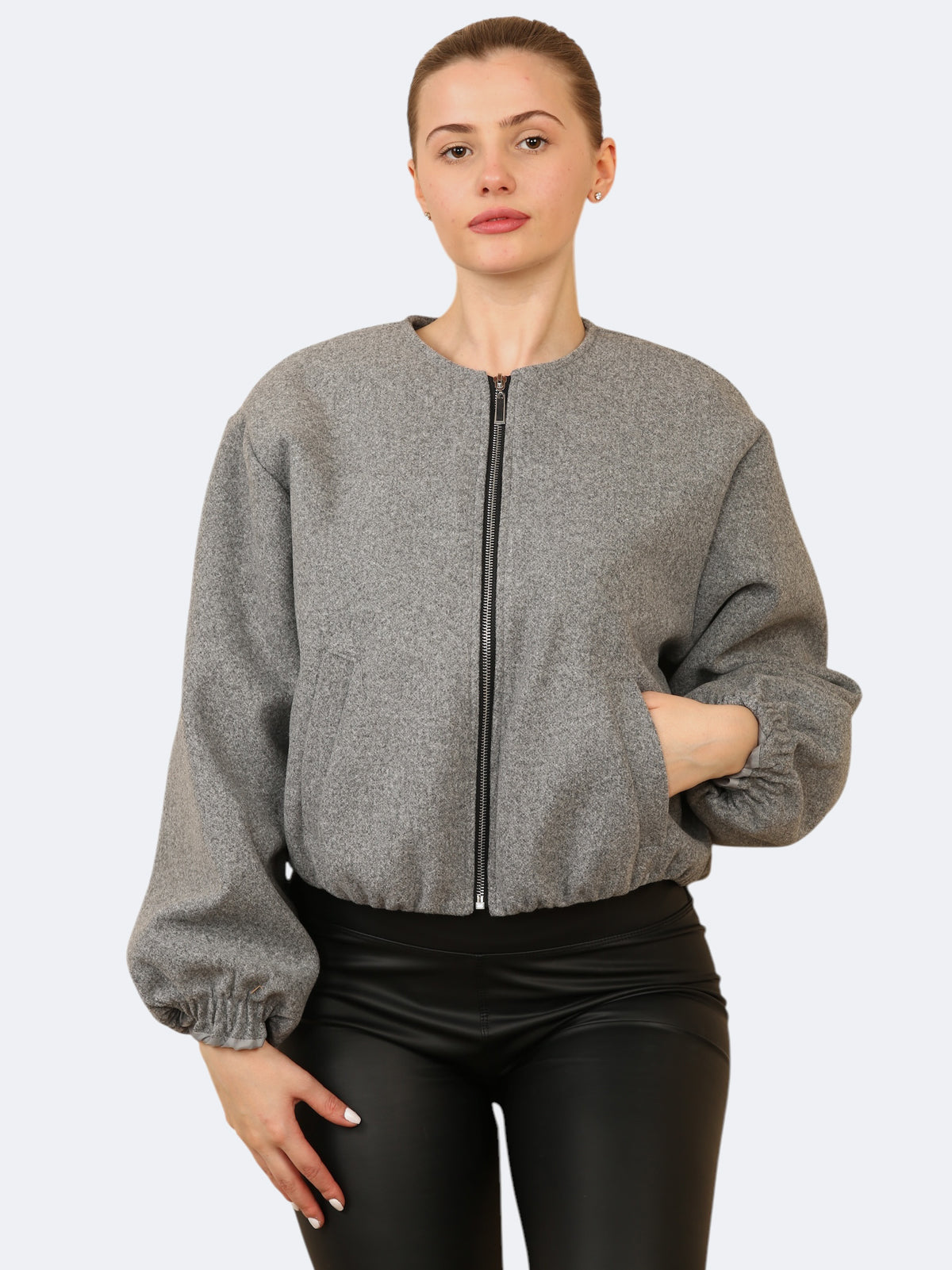 Women’s Balloon Sleeve Zipper Bomber Jacket