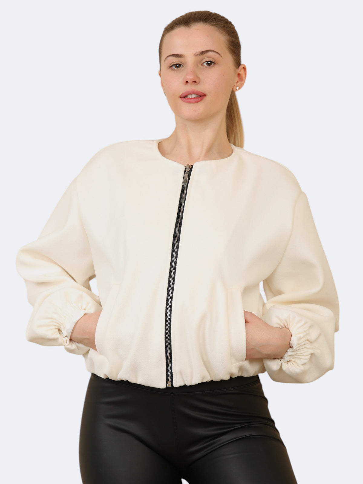 Women’s Balloon Sleeve Zipper Bomber Jacket