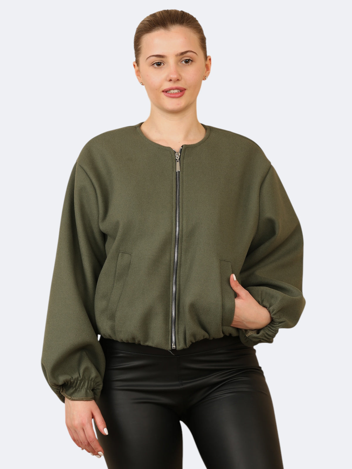 Women’s Balloon Sleeve Zipper Bomber Jacket